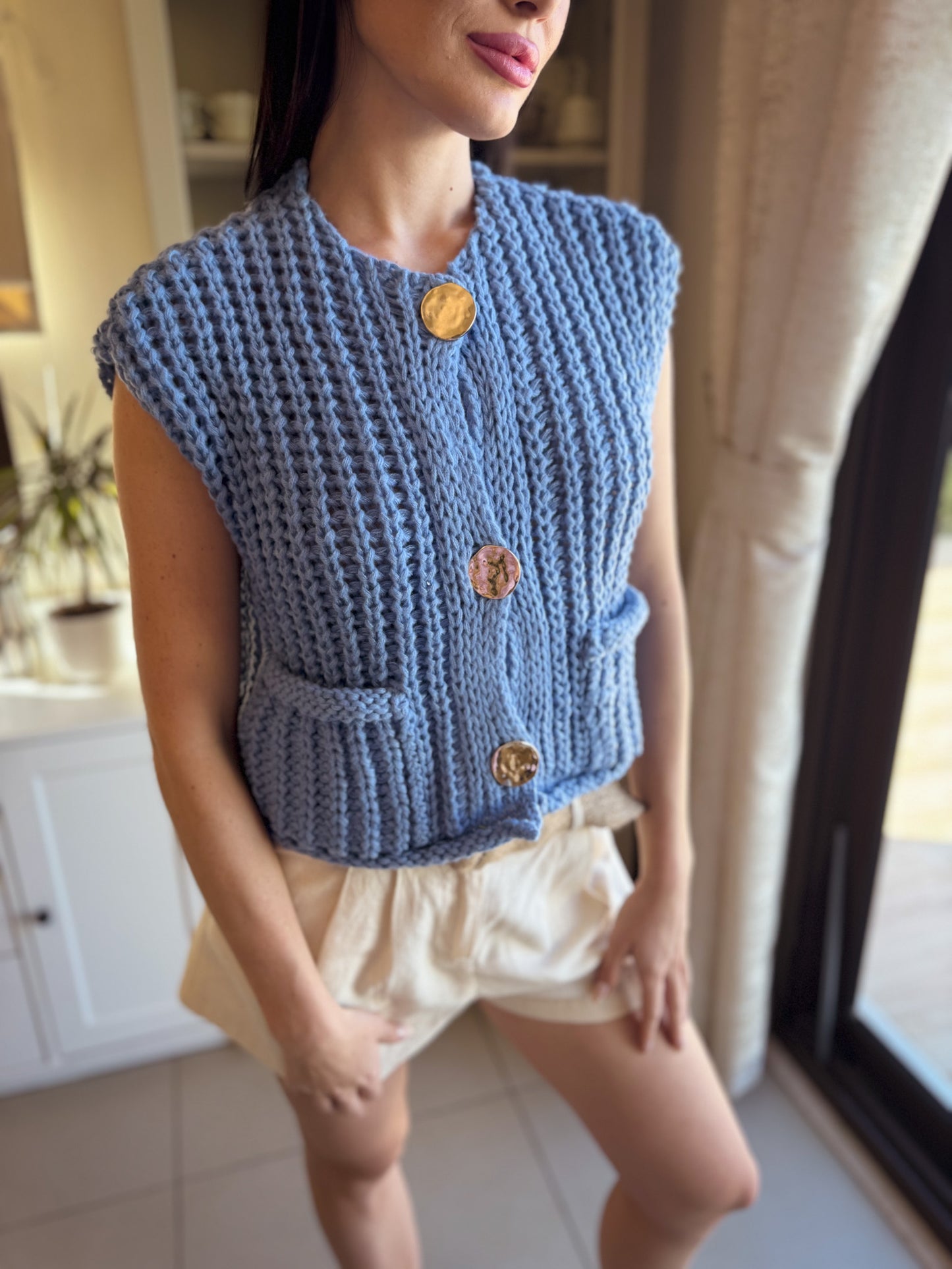 Sky Blue Thick Knit Waistcoat