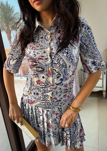 Pleated Paisley Dress