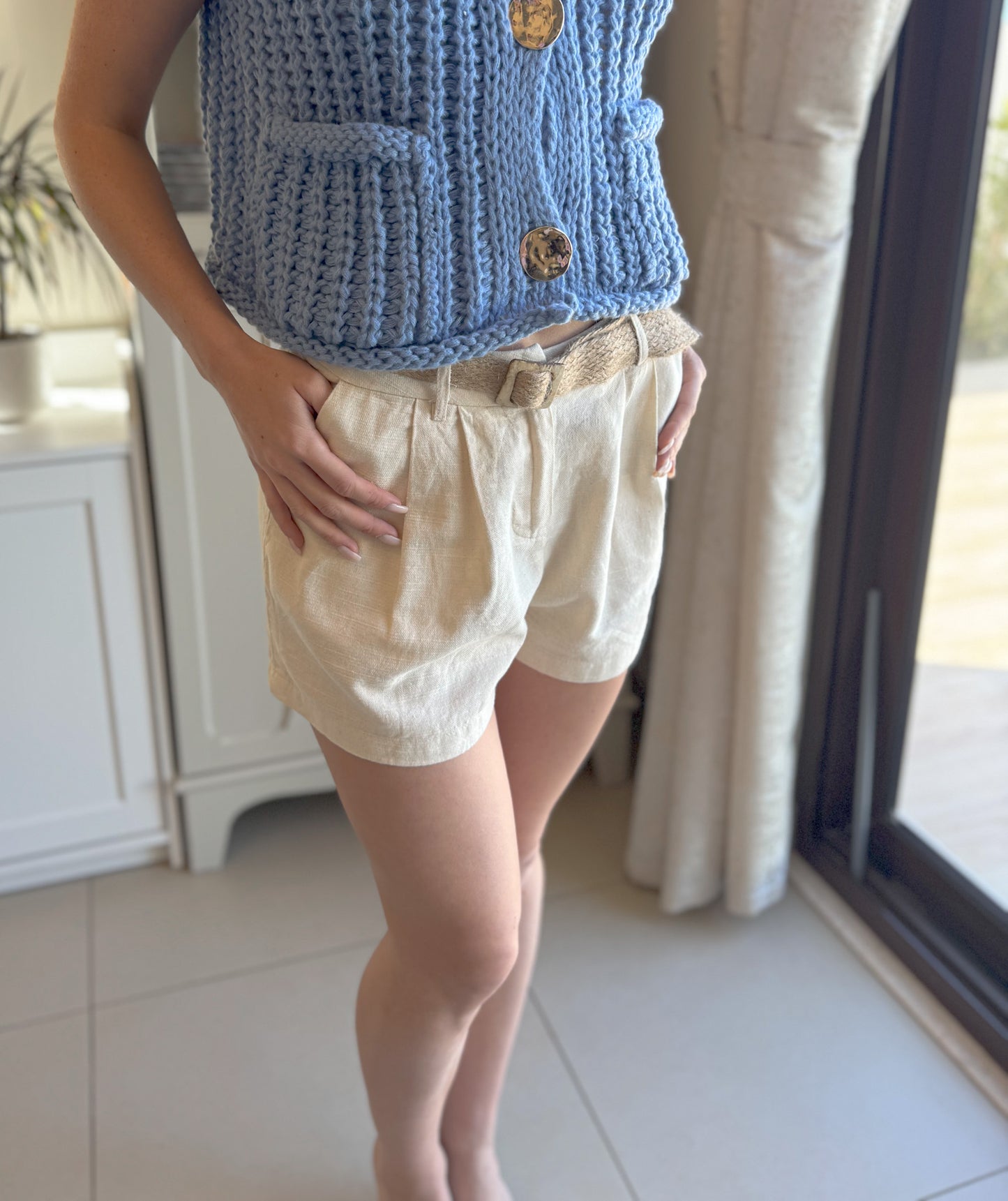 Darted Linen Shorts with Belt